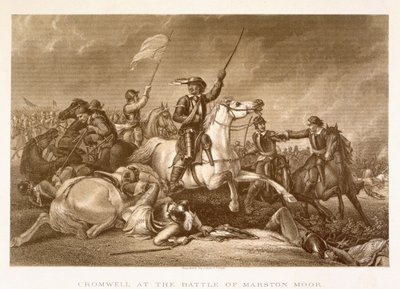 Cromwell leading the charge after being wounded in his right arm at the Battle of Marston Moor, July 2nd 1644, engraved by John Crew by Abraham Cooper